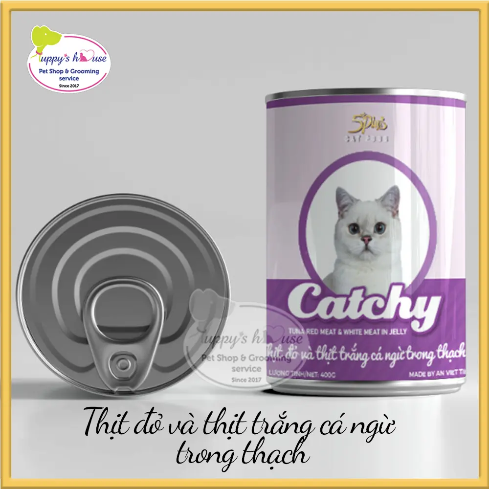Pate 5Plus Catchy vị Thịt đỏ và Thịt trắng Cá ngừ trong thạch cho mèo từ 6 tháng trở lên, lon 400g